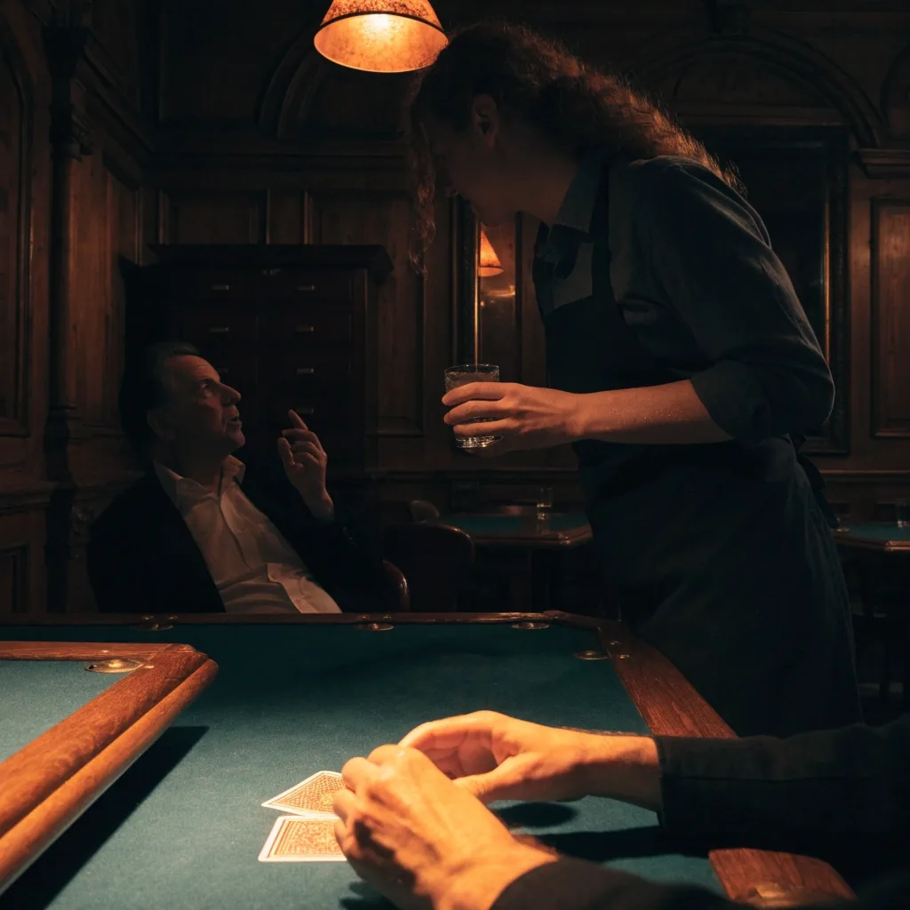 Krupier przy stole w sali pokerowej wieczorem