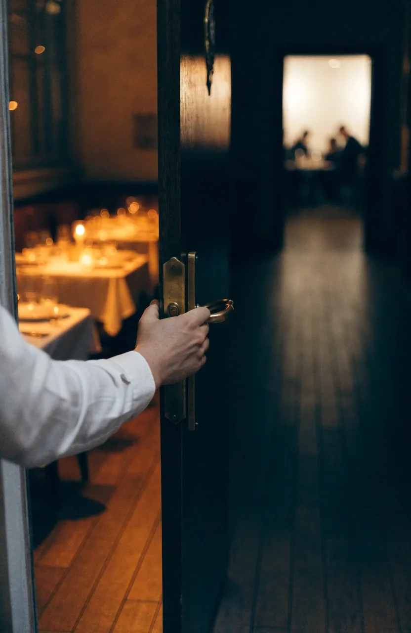 Przejście z sali restauracyjnej do części z salą pokerową, dłoń na klamce