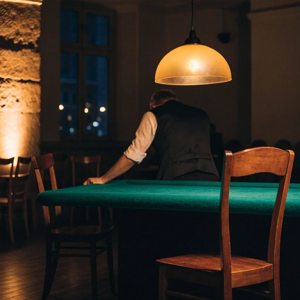 Recepcja restauracji — dłoń na skórzanym etui na karty, ciepłe światło lampy