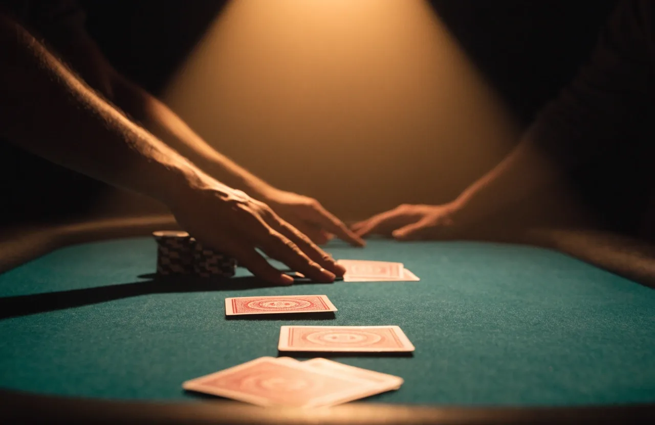 Stół pokerowy w świetle lampy — dłoń na suknie i zakryte karty