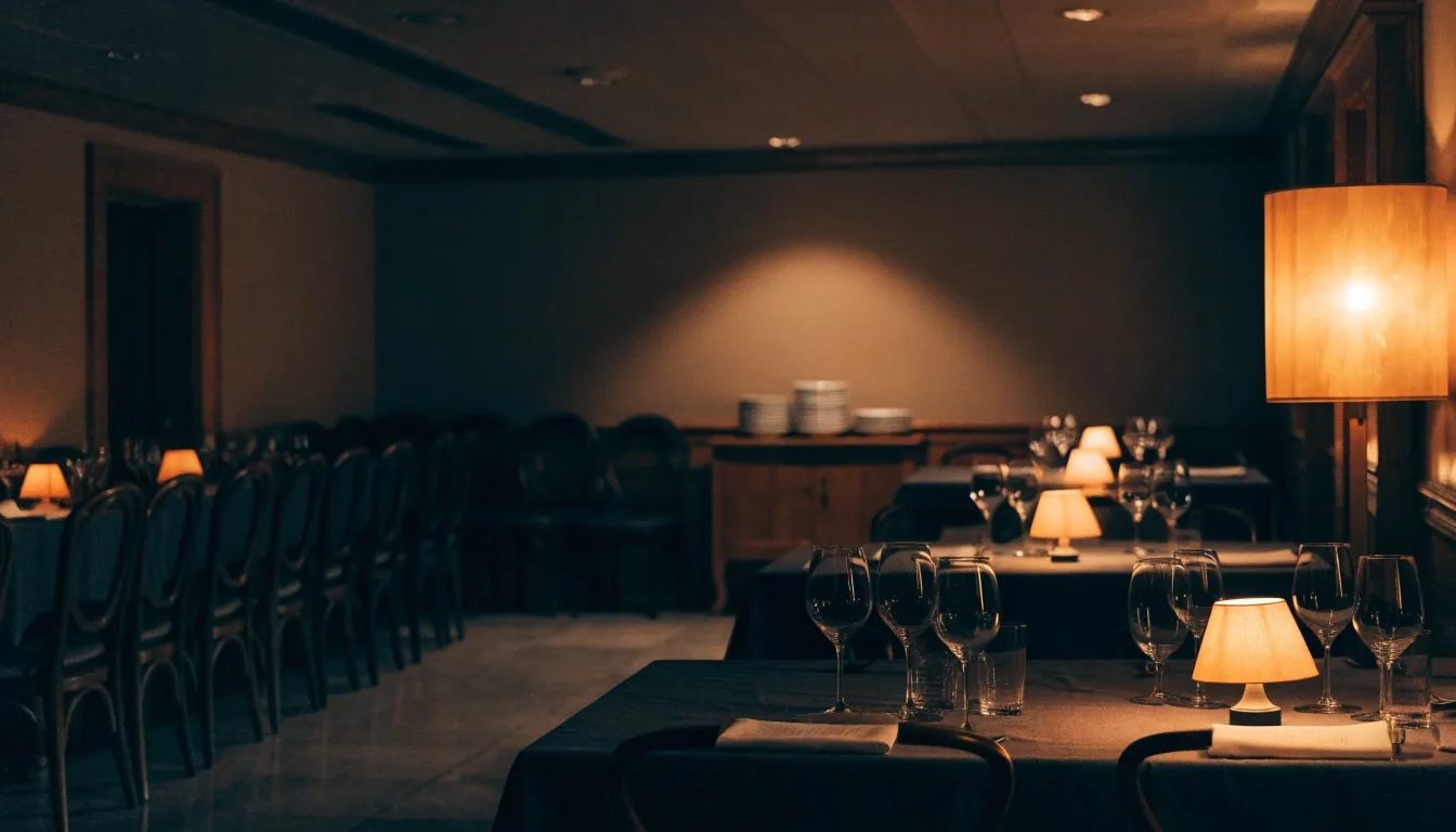 Restauracja przed otwarciem — ciemna, ciepła sala z nakrytymi stolikami